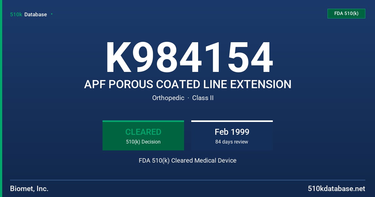 K984154 APF POROUS COATED LINE EXTENSION FDA 510(k) Cleared Medical Device