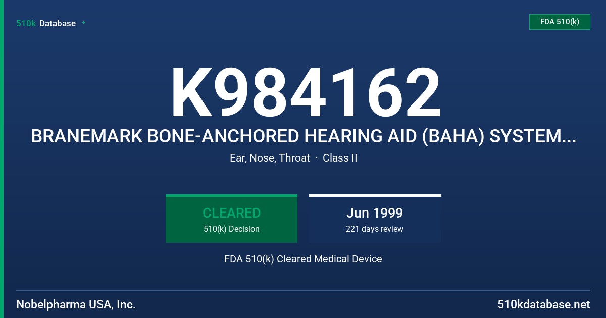 K984162 BRANEMARK BONE-ANCHORED HEARING AID (BAHA) SYSTEM FOR PEDIATRIC USE FDA 510(k) Cleared Medical Device