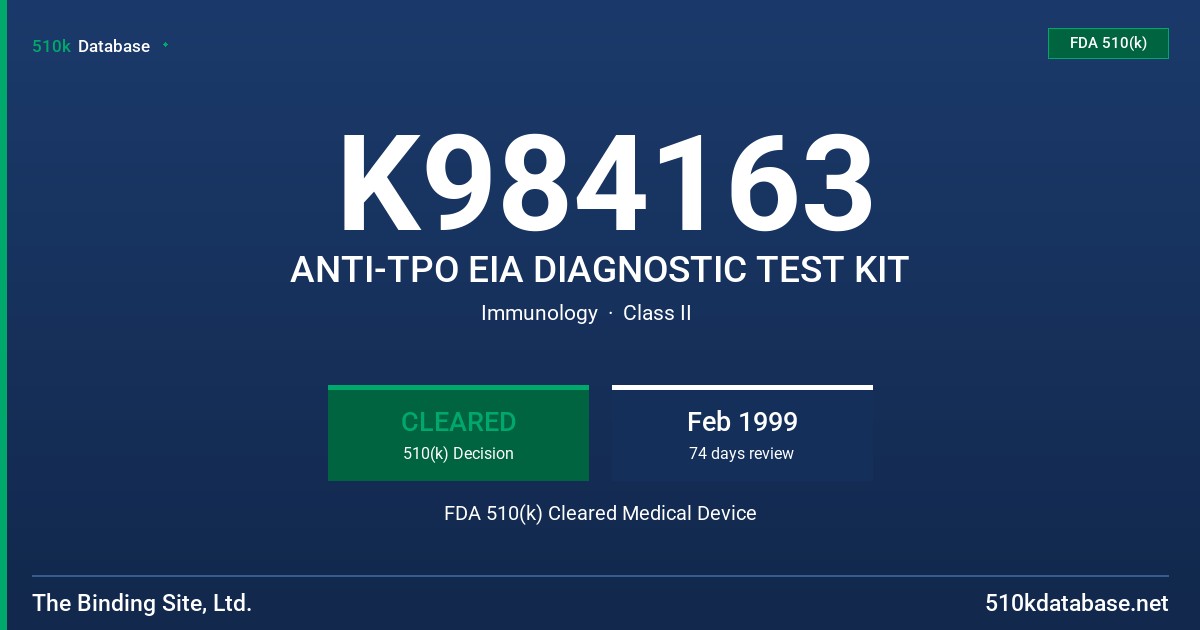 K984163 ANTI-TPO EIA DIAGNOSTIC TEST KIT FDA 510(k) Cleared Medical Device