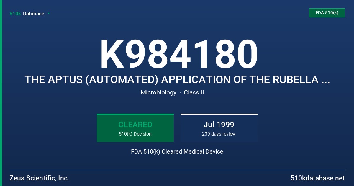 K984180 THE APTUS (AUTOMATED) APPLICATION OF THE RUBELLA IGM ELISA TEST SYSTEM FDA 510(k) Cleared Medical Device