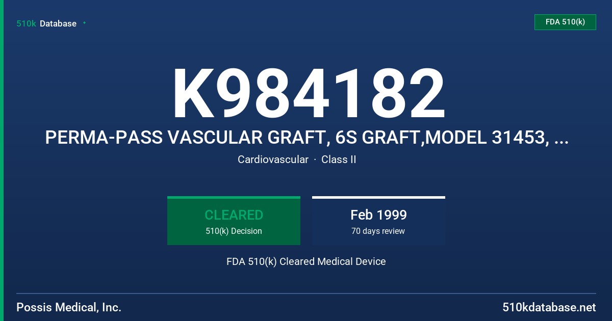 K984182 PERMA-PASS VASCULAR GRAFT, 6S GRAFT,MODEL 31453, 6T GRAFT,MODEL 31452 FDA 510(k) Cleared Medical Device