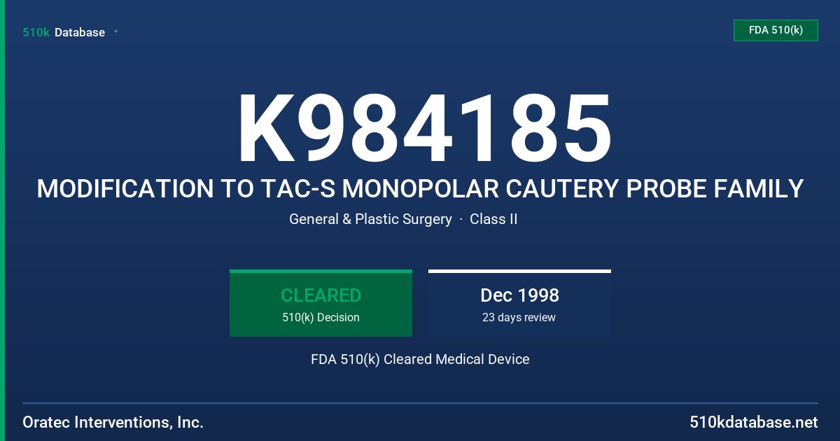 K984185 MODIFICATION TO TAC-S MONOPOLAR CAUTERY PROBE FAMILY FDA 510(k) Cleared Medical Device