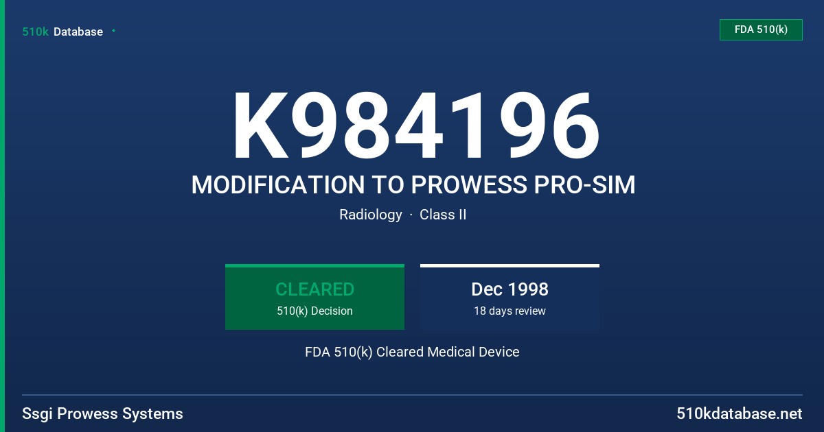 K984196 MODIFICATION TO PROWESS PRO-SIM FDA 510(k) Cleared Medical Device