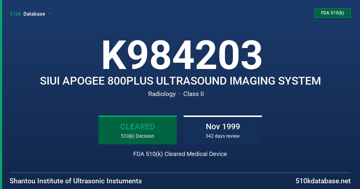 K984203 SIUI APOGEE 800PLUS ULTRASOUND IMAGING SYSTEM FDA 510(k) Cleared Medical Device