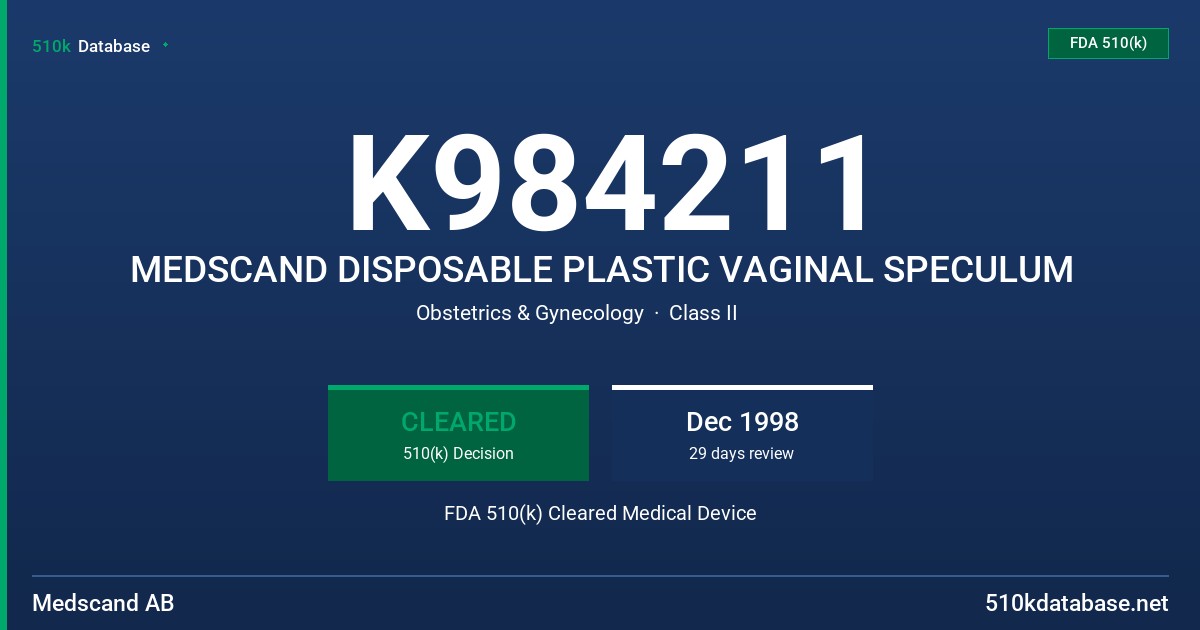 K984211 MEDSCAND DISPOSABLE PLASTIC VAGINAL SPECULUM FDA 510(k) Cleared Medical Device