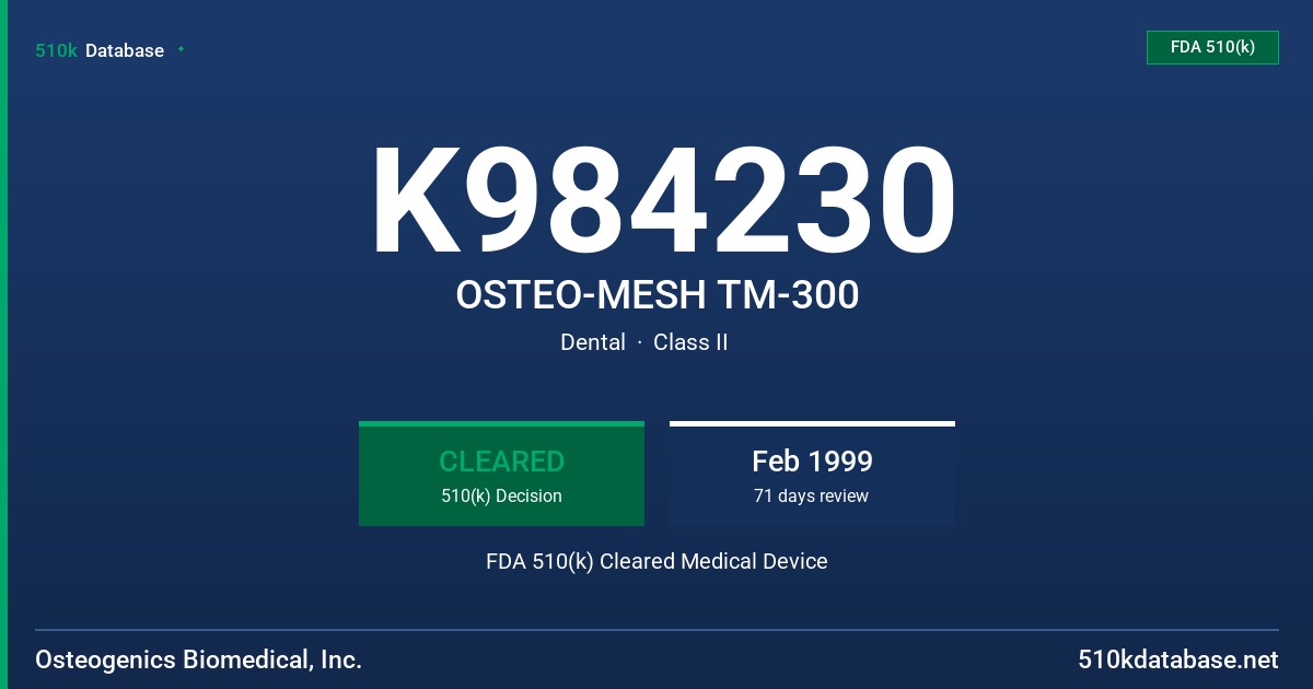 K984230 OSTEO-MESH TM-300 FDA 510(k) Cleared Medical Device