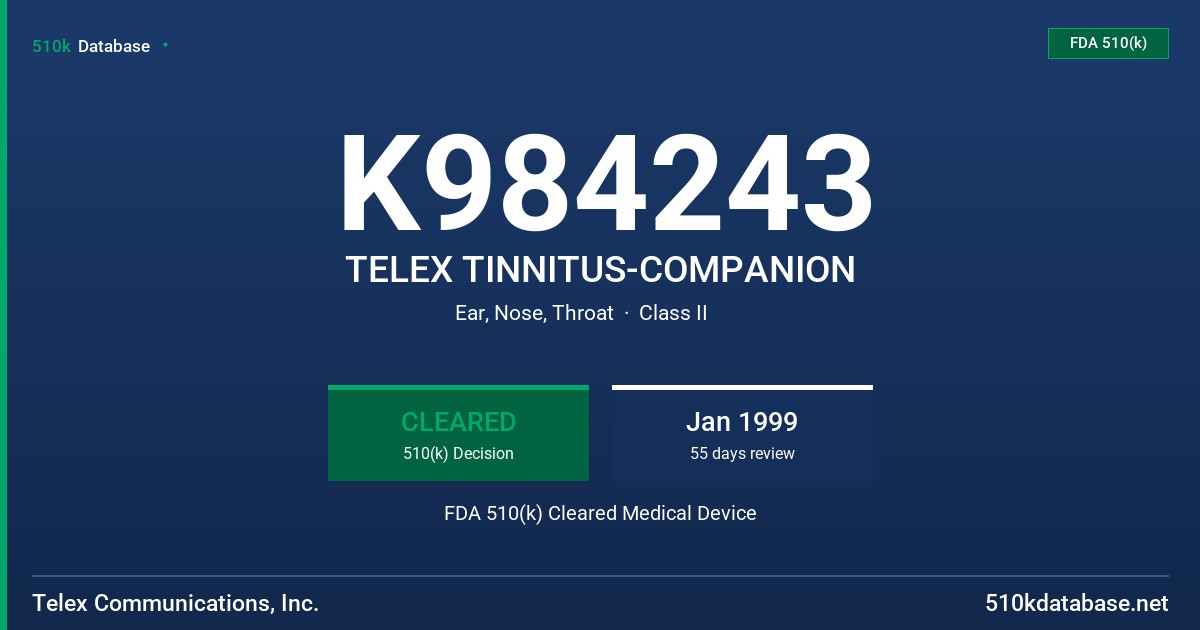 K984243 TELEX TINNITUS-COMPANION FDA 510(k) Cleared Medical Device