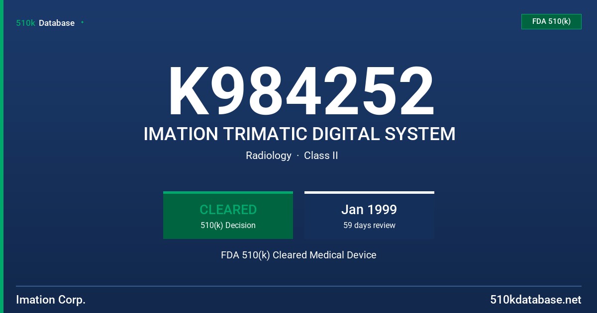 K984252 IMATION TRIMATIC DIGITAL SYSTEM FDA 510(k) Cleared Medical Device