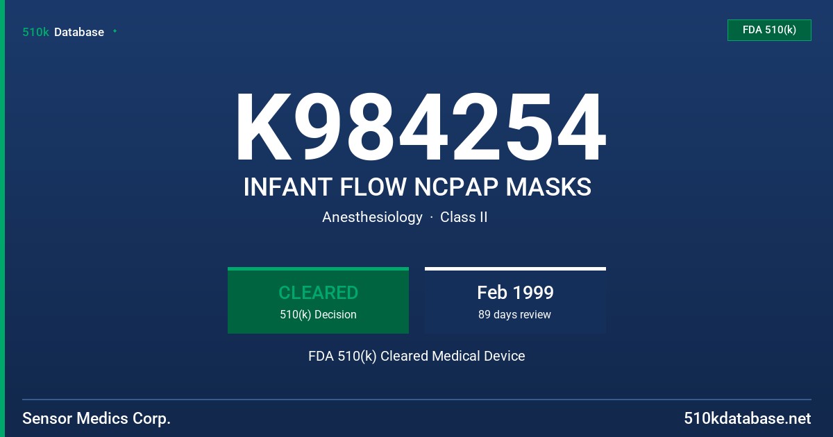 K984254 INFANT FLOW NCPAP MASKS FDA 510(k) Cleared Medical Device