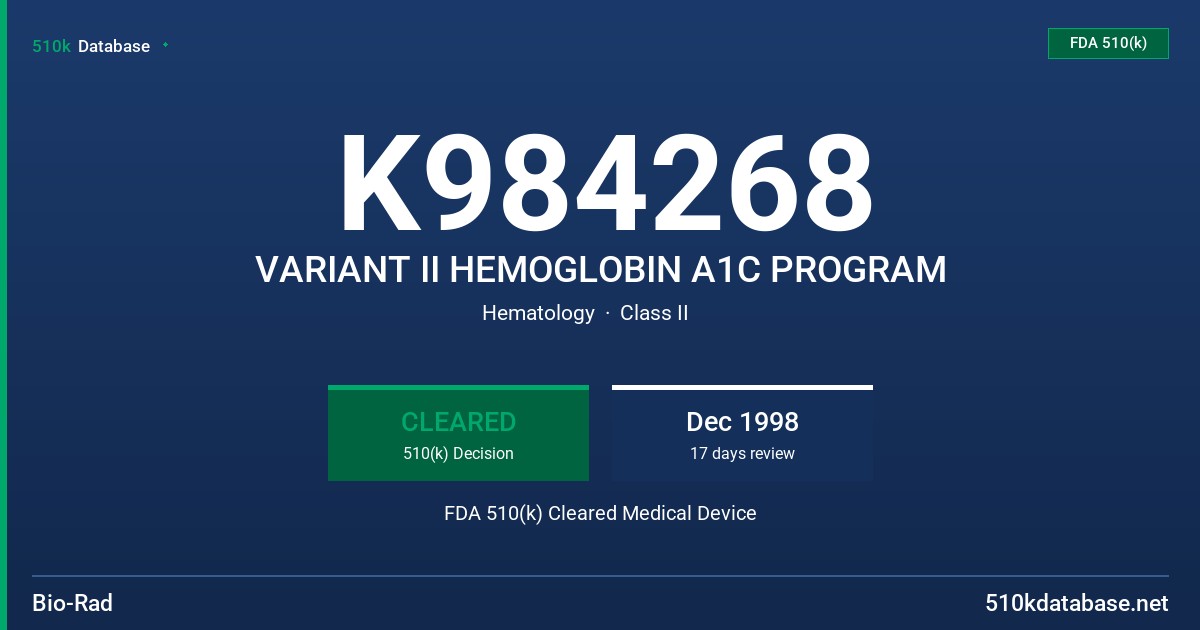K984268 VARIANT II HEMOGLOBIN A1C PROGRAM FDA 510(k) Cleared Medical Device