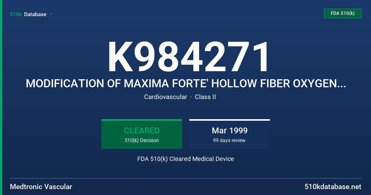 K984271 MODIFICATION OF MAXIMA FORTE' HOLLOW FIBER OXYGENATOR WITH BALANCE BIOCOMPATIBLE SURFACE WITH PLASMA RESISTENT FIBER (M0 FDA 510(k) Cleared Medical Device