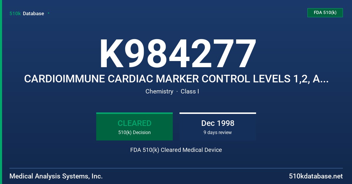 K984277 CARDIOIMMUNE CARDIAC MARKER CONTROL LEVELS 1,2, AND 3 FDA 510(k) Cleared Medical Device
