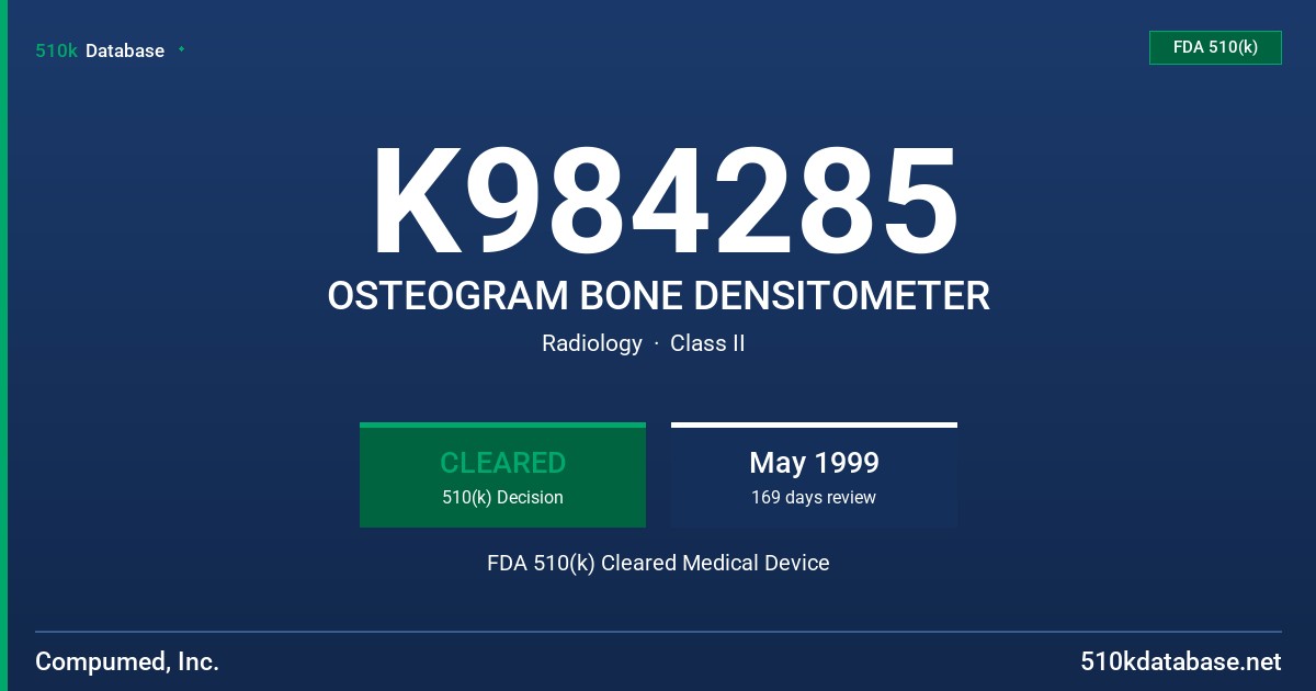 K984285 OSTEOGRAM BONE DENSITOMETER FDA 510(k) Cleared Medical Device