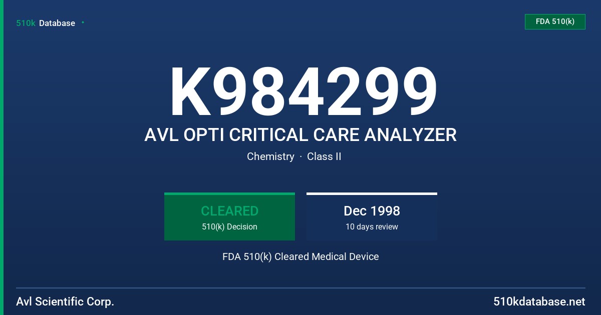 K984299 AVL OPTI CRITICAL CARE ANALYZER FDA 510(k) Cleared Medical Device