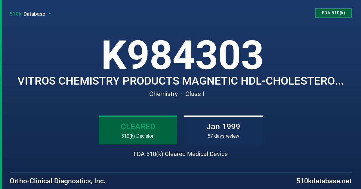 K984303 VITROS CHEMISTRY PRODUCTS MAGNETIC HDL-CHOLESTEROL REAGENT FDA 510(k) Cleared Medical Device