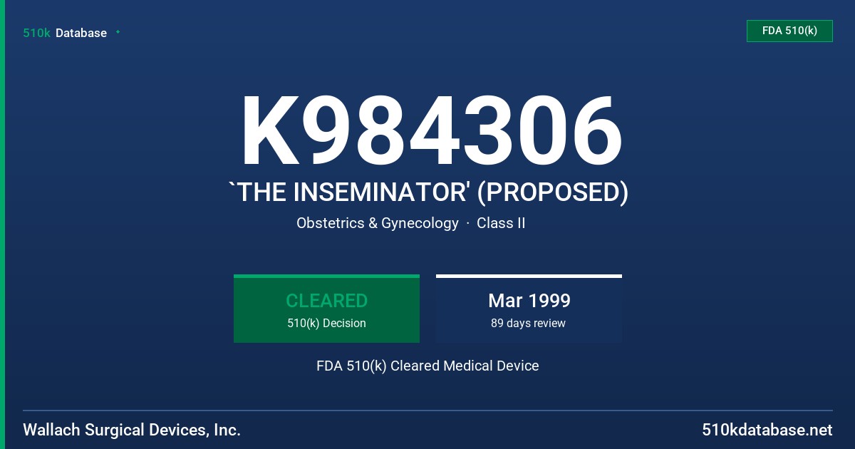 K984306 `THE INSEMINATOR' (PROPOSED) FDA 510(k) Cleared Medical Device