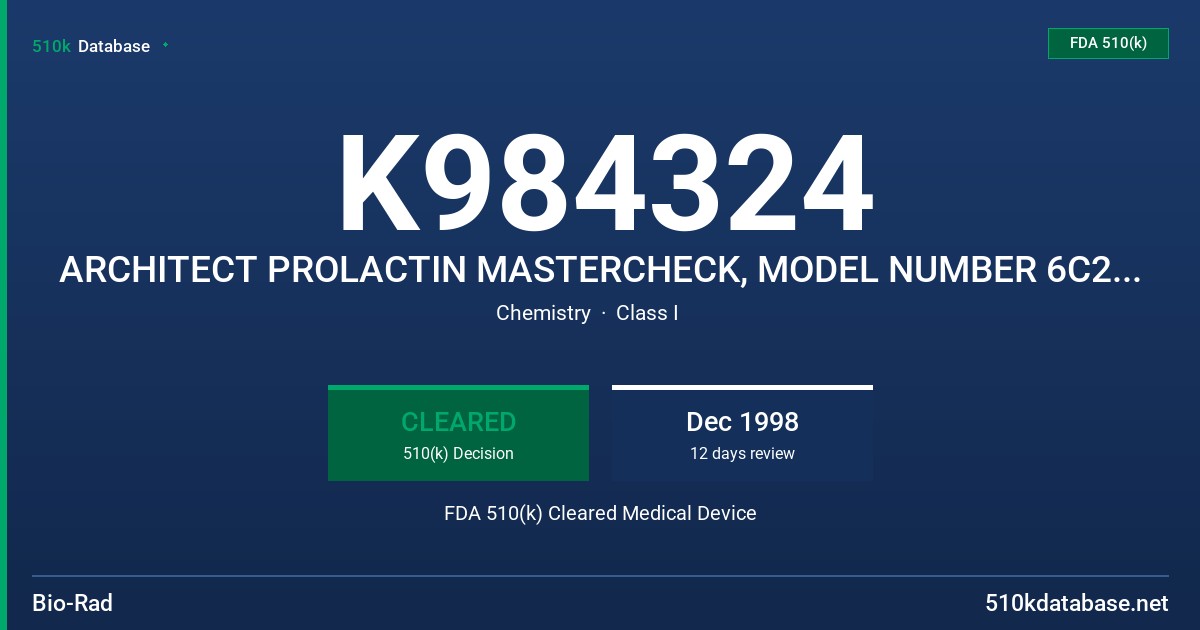 K984324 ARCHITECT PROLACTIN MASTERCHECK, MODEL NUMBER 6C27-05 FDA 510(k) Cleared Medical Device