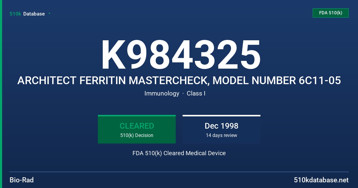 K984325 ARCHITECT FERRITIN MASTERCHECK, MODEL NUMBER 6C11-05 FDA 510(k) Cleared Medical Device