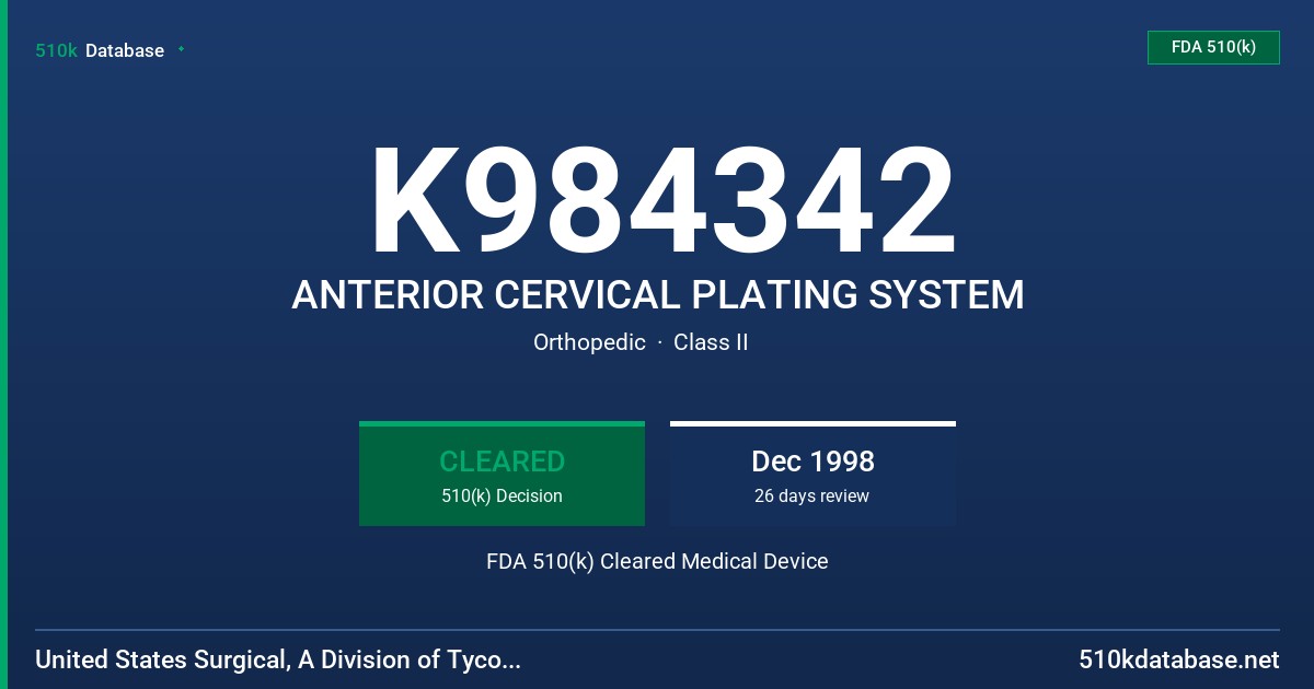 K984342 ANTERIOR CERVICAL PLATING SYSTEM FDA 510(k) Cleared Medical Device