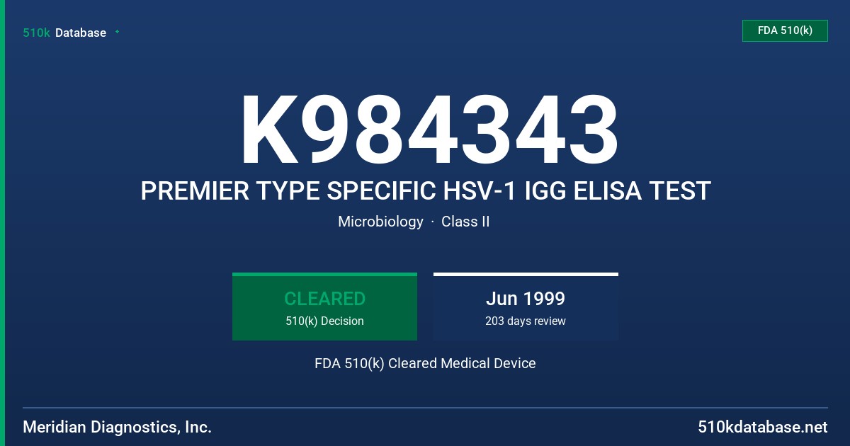 K984343 PREMIER TYPE SPECIFIC HSV-1 IGG ELISA TEST FDA 510(k) Cleared Medical Device