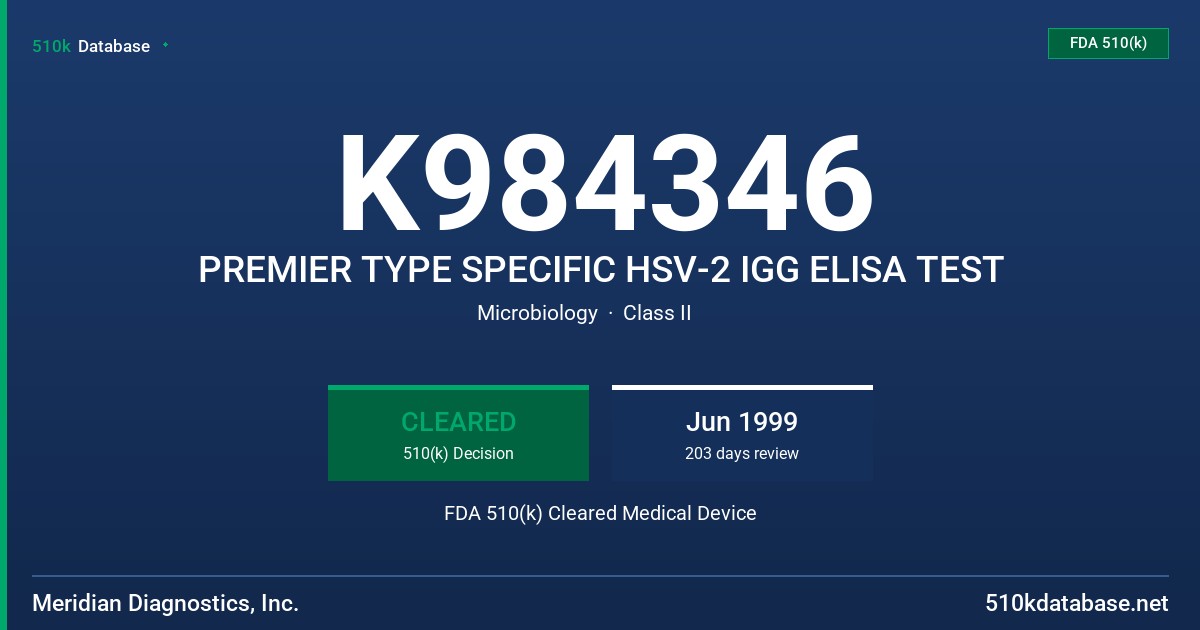 K984346 PREMIER TYPE SPECIFIC HSV-2 IGG ELISA TEST FDA 510(k) Cleared Medical Device