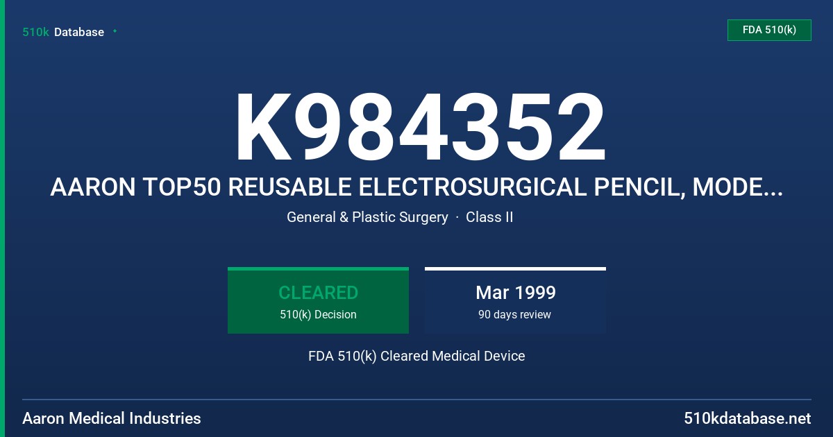 K984352 AARON TOP50 REUSABLE ELECTROSURGICAL PENCIL, MODEL #ESPR FDA 510(k) Cleared Medical Device