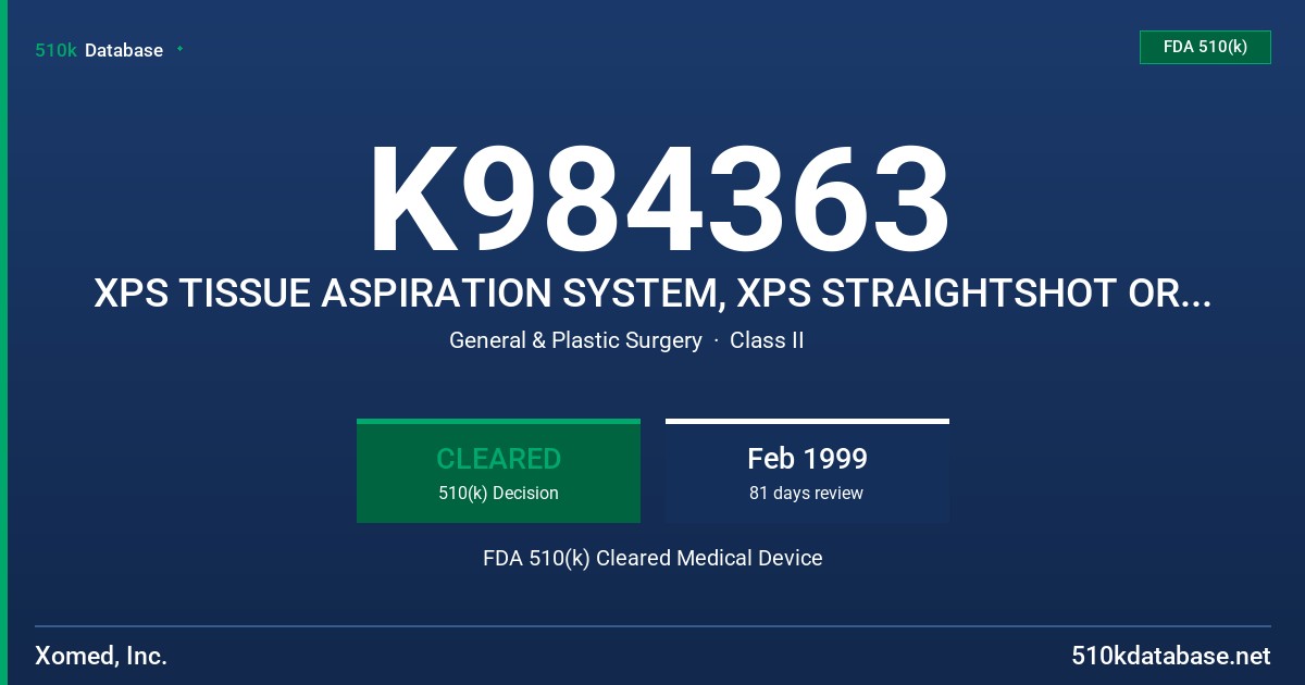 K984363 XPS TISSUE ASPIRATION SYSTEM, XPS STRAIGHTSHOT OR MODEL 2000 MICRODEBRIDER SYSTEM FDA 510(k) Cleared Medical Device