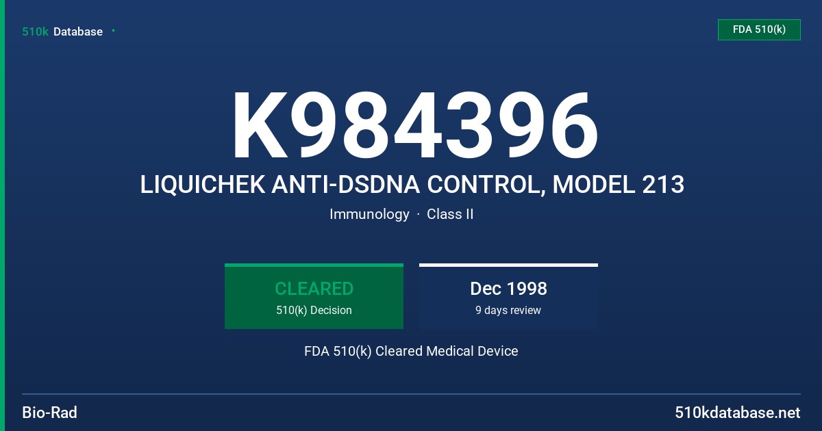 K984396 LIQUICHEK ANTI-DSDNA CONTROL, MODEL 213 FDA 510(k) Cleared Medical Device