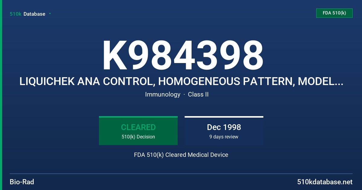 K984398 LIQUICHEK ANA CONTROL, HOMOGENEOUS PATTERN, MODEL 201 FDA 510(k) Cleared Medical Device