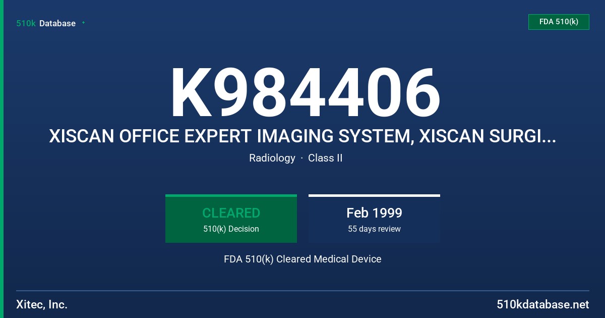 K984406 XISCAN OFFICE EXPERT IMAGING SYSTEM, XISCAN SURGICAL EXPERT IMAGING SYSTEM FDA 510(k) Cleared Medical Device