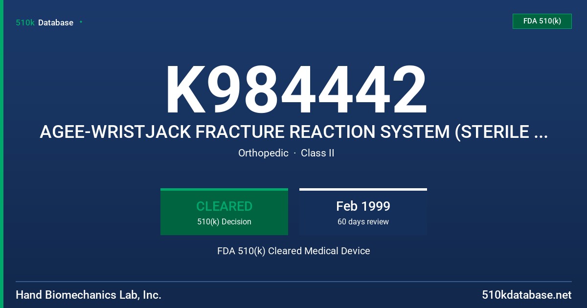 K984442 AGEE-WRISTJACK FRACTURE REACTION SYSTEM (STERILE VERSION), MODEL CFD-147 FDA 510(k) Cleared Medical Device
