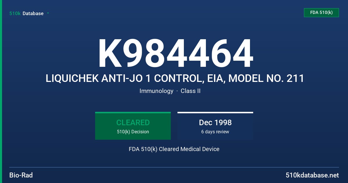 K984464 LIQUICHEK ANTI-JO 1 CONTROL, EIA, MODEL NO. 211 FDA 510(k) Cleared Medical Device