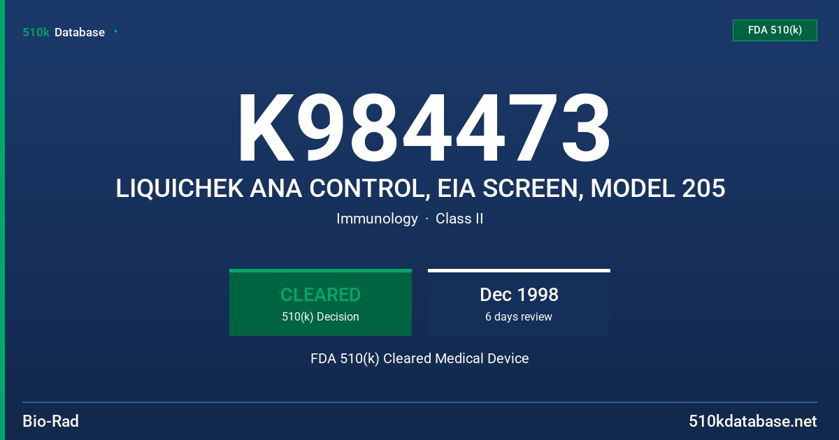 K984473 LIQUICHEK ANA CONTROL, EIA SCREEN, MODEL 205 FDA 510(k) Cleared Medical Device