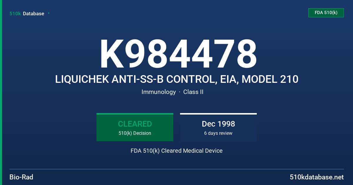 K984478 LIQUICHEK ANTI-SS-B CONTROL, EIA, MODEL 210 FDA 510(k) Cleared Medical Device