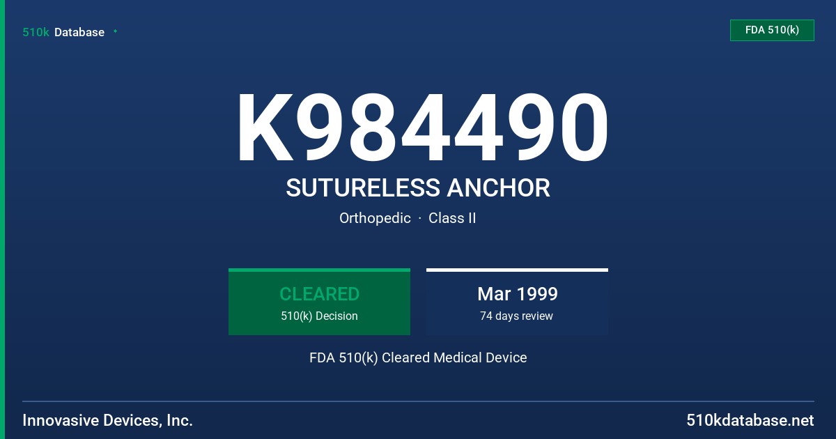 K984490 SUTURELESS ANCHOR FDA 510(k) Cleared Medical Device