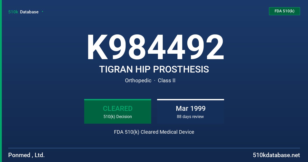 K984492 TIGRAN HIP PROSTHESIS FDA 510(k) Cleared Medical Device