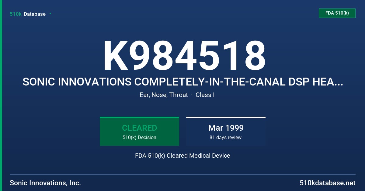 K984518 SONIC INNOVATIONS COMPLETELY-IN-THE-CANAL DSP HEARING AID WITH SOFT SHELL FDA 510(k) Cleared Medical Device