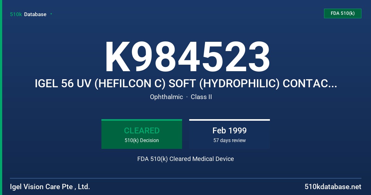 K984523 IGEL 56 UV (HEFILCON C) SOFT (HYDROPHILIC) CONTACT LENS FDA 510(k) Cleared Medical Device