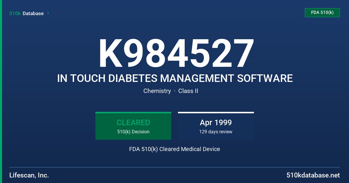 K984527 IN TOUCH DIABETES MANAGEMENT SOFTWARE FDA 510(k) Cleared Medical Device
