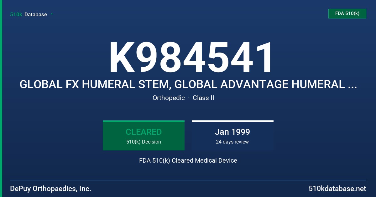 K984541 GLOBAL FX HUMERAL STEM, GLOBAL ADVANTAGE HUMERAL HEAD FDA 510(k) Cleared Medical Device