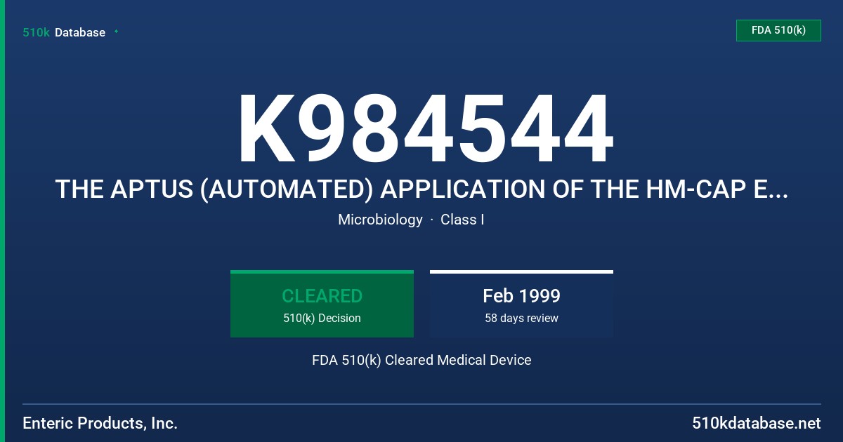 K984544 THE APTUS (AUTOMATED) APPLICATION OF THE HM-CAP EIA KIT. AN ENZYME LINKED IMMUNOSORBENT ASSAY FOR THE DETECTION OF THE S FDA 510(k) Cleared Medical Device