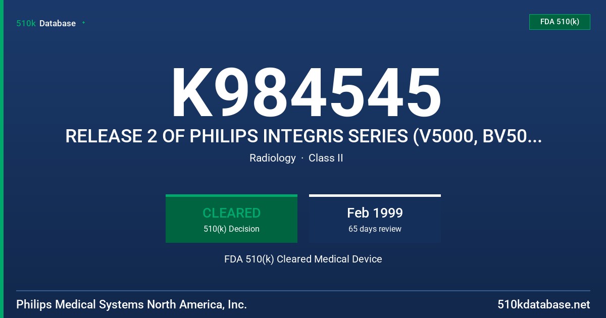 K984545 RELEASE 2 OF PHILIPS INTEGRIS SERIES (V5000, BV5000, H5000, BH5000, HM2000) SYSTEMS FDA 510(k) Cleared Medical Device