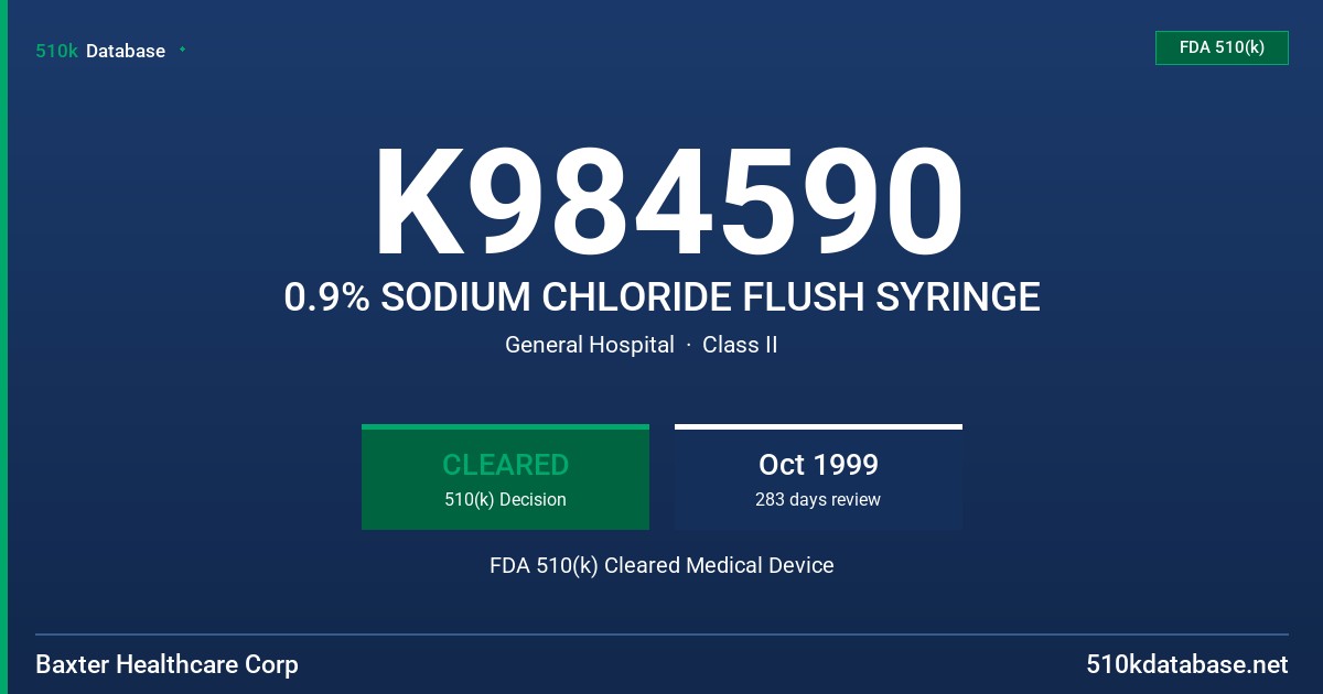 K984590 0.9% SODIUM CHLORIDE FLUSH SYRINGE FDA 510(k) Cleared Medical Device