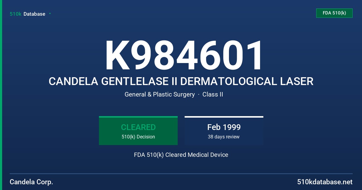 K984601 CANDELA GENTLELASE II DERMATOLOGICAL LASER FDA 510(k) Cleared Medical Device