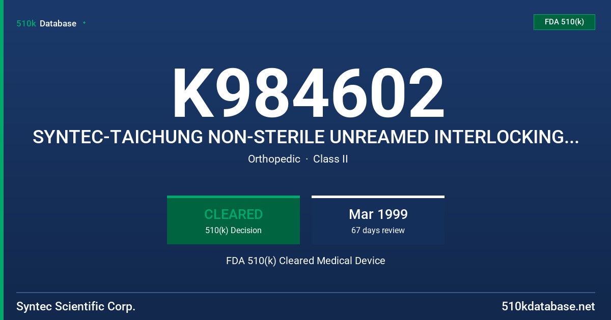 K984602 SYNTEC-TAICHUNG NON-STERILE UNREAMED INTERLOCKING NAIL SYSTEM FDA 510(k) Cleared Medical Device