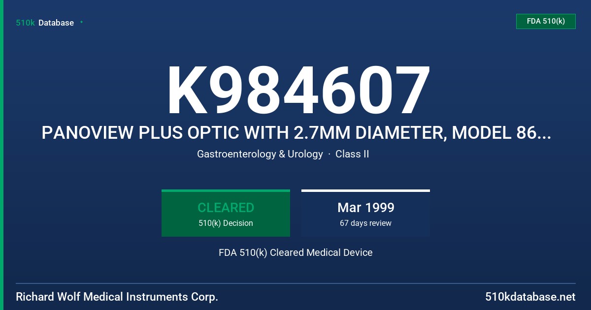 K984607 PANOVIEW PLUS OPTIC WITH 2.7MM DIAMETER, MODEL 8672.XXX, PANOVIEW PLUS OPTIC WITH 1.9MM DIAMETER, MODEL 8686.XXX FDA 510(k) Cleared Medical Device