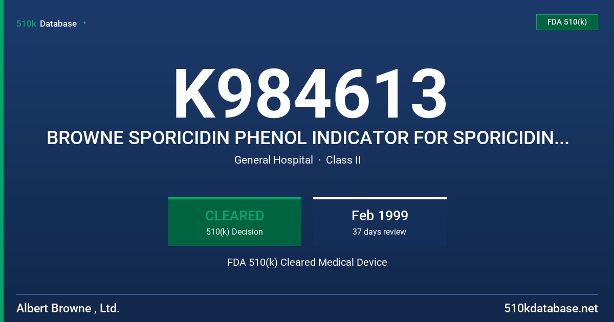 K984613 BROWNE SPORICIDIN PHENOL INDICATOR FOR SPORICIDIN STERILIZING AND DISINFECTING SOLUTION FDA 510(k) Cleared Medical Device