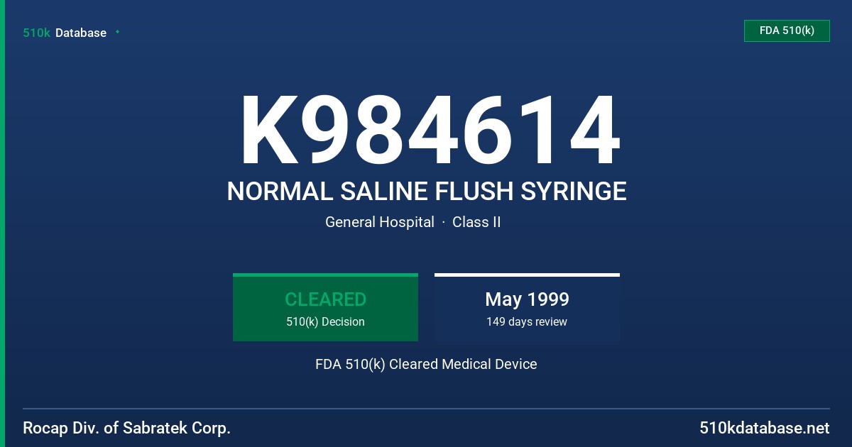 K984614 NORMAL SALINE FLUSH SYRINGE FDA 510(k) Cleared Medical Device