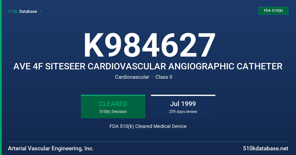 K984627 AVE 4F SITESEER CARDIOVASCULAR ANGIOGRAPHIC CATHETER FDA 510(k) Cleared Medical Device