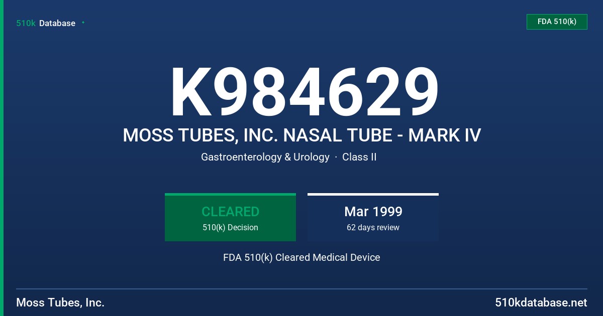 K984629 MOSS TUBES, INC. NASAL TUBE - MARK IV FDA 510(k) Cleared Medical Device